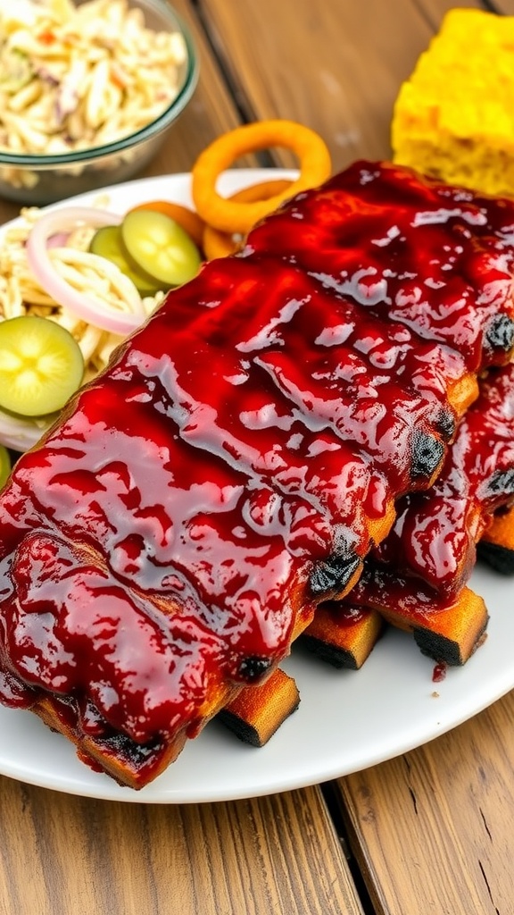 A plate of barbecue ribs with coleslaw and cornbread on a rustic table.